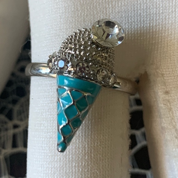 Ring ice cream cone turquoise blue enamel with crystals adjustable - Picture 5 of 7